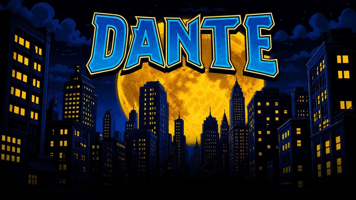 Dante: arte em pixel art com cidade noturna, lua amarela e o título do jogo